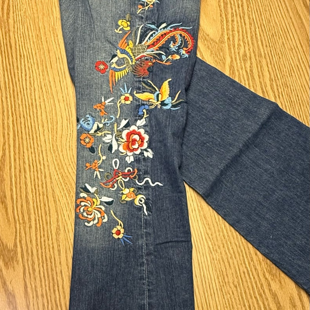 Lucky Brand Blue Denim Flare Jeans with Floral Embroidery - Picture 7 of 15